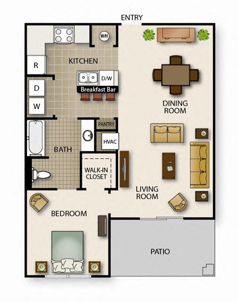 Floor plan for 1 bed, 1 bath, 724 sqft