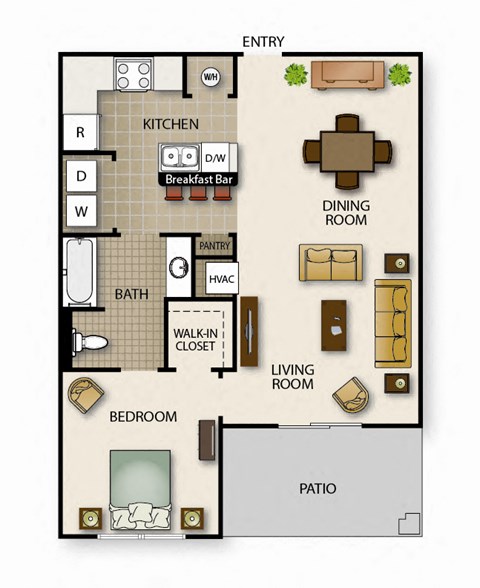 Floor plan for 1 bed, 1 bath, 722 sqft