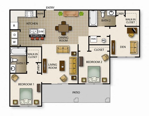 Floor plan for 2 beds, 2 baths, 1132 sqft