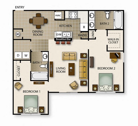 Floor plan for 2 beds, 2 baths, 960 sqft