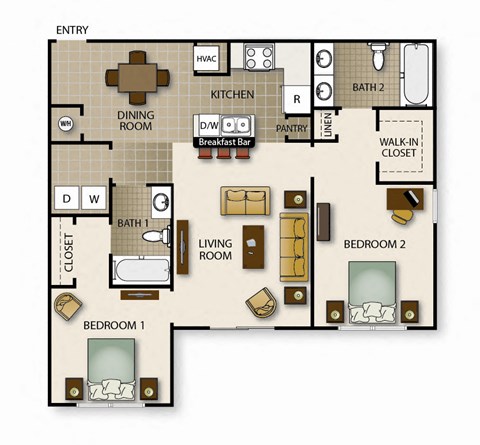 Floor plan for 2 beds, 2 baths, 969 sqft