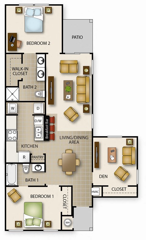 Floor plan for 2 beds, 2 baths, 1105 sqft