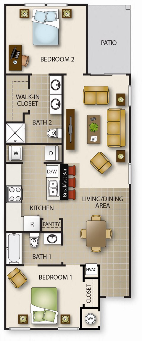 Floor plan for 2 beds, 2 baths, 955 sqft