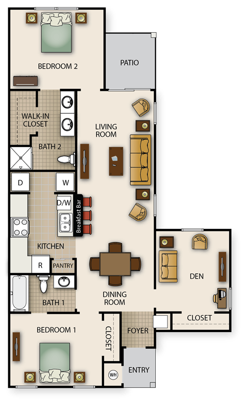 Floor plan for 2 beds, 2 baths, 1179 sqft