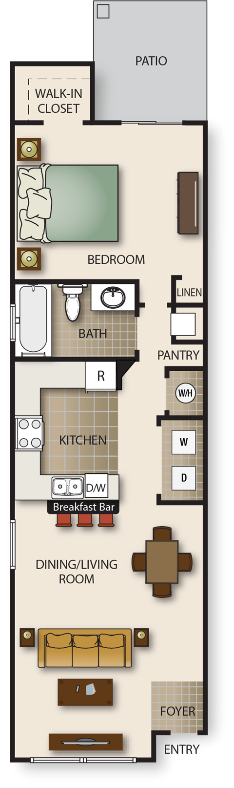 Floor plan for 1 bed, 1 bath, 649 sqft