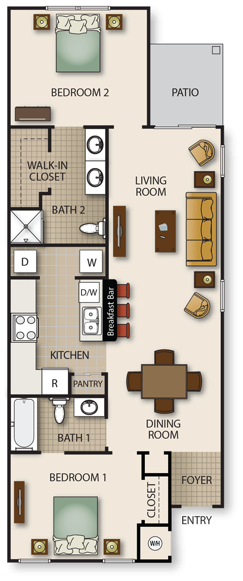 Floor plan for 2 beds, 2 baths, 955 sqft