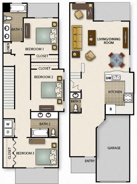 Floor plan for 3 beds, 2.5 baths, 1580 sqft