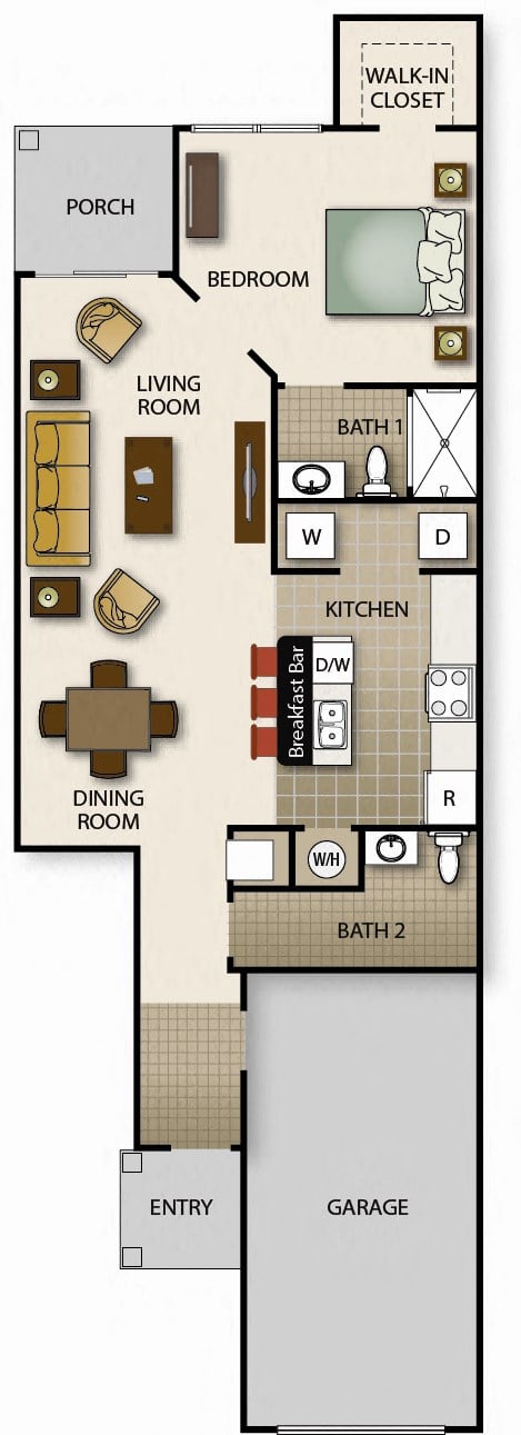 Floor plan for 1 bed, 1 bath, 832 sqft