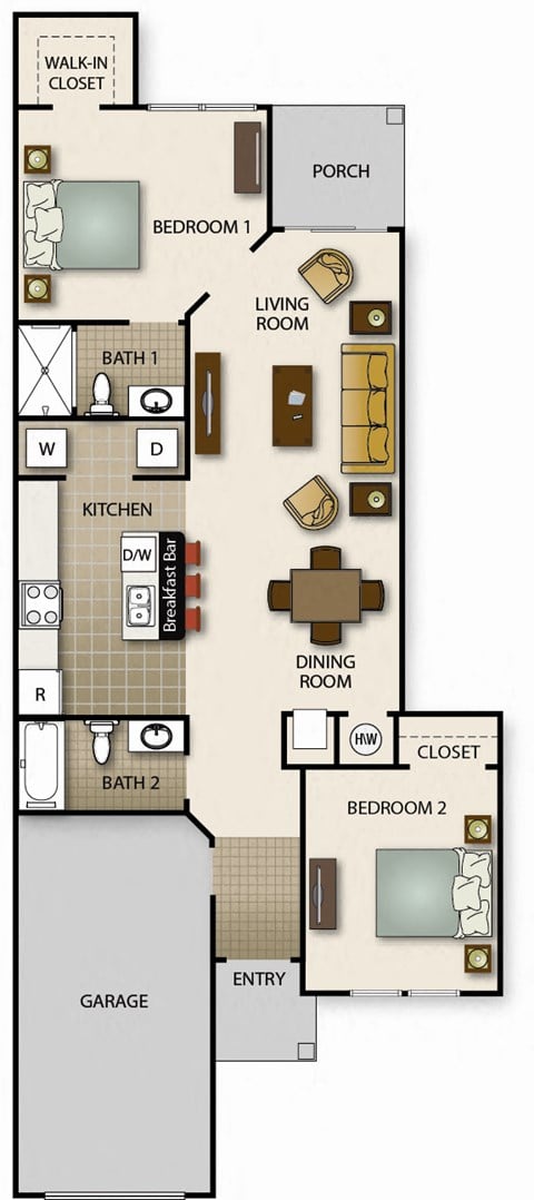 Floor plan for 2 beds, 2 baths, 1009 sqft
