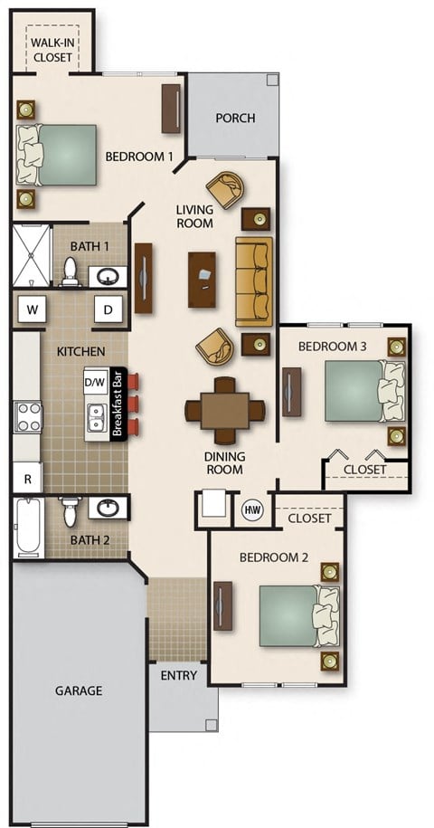 Floor plan for 3 beds, 2 baths, 1148 sqft