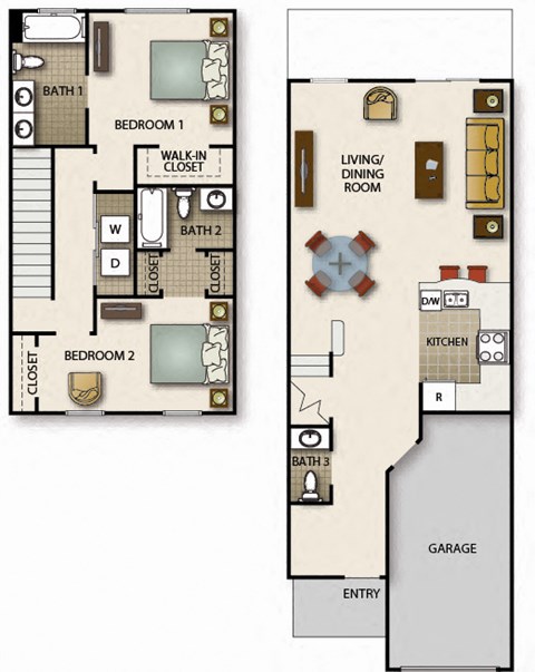 Floor plan for 2 beds, 2.5 baths, 1523 sqft