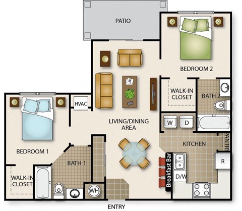 Floor plan for 2 beds, 2 baths, 934 sqft