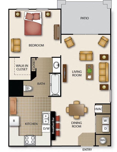 Floor plan for 1 bed, 1 bath, 667 sqft