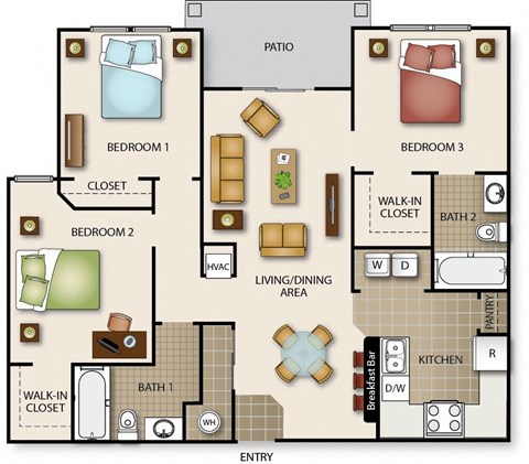 Floor plan for 2 beds, 2 baths, 1093 sqft