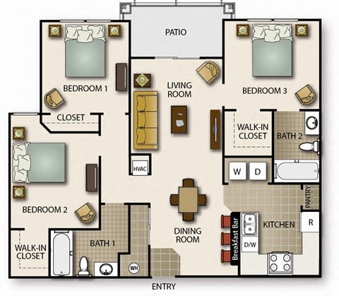 Floor plan for 3 beds, 2 baths, 1093 sqft