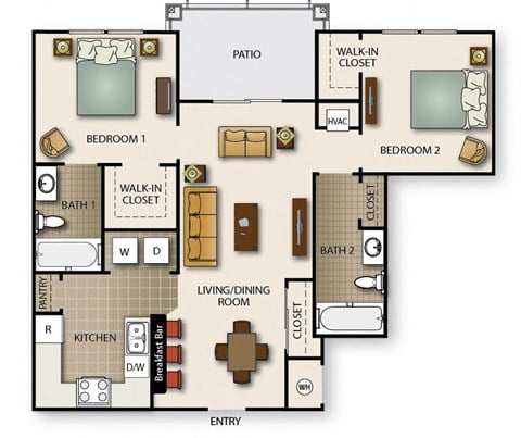 Floor plan for 2 beds, 2 baths, 925 sqft