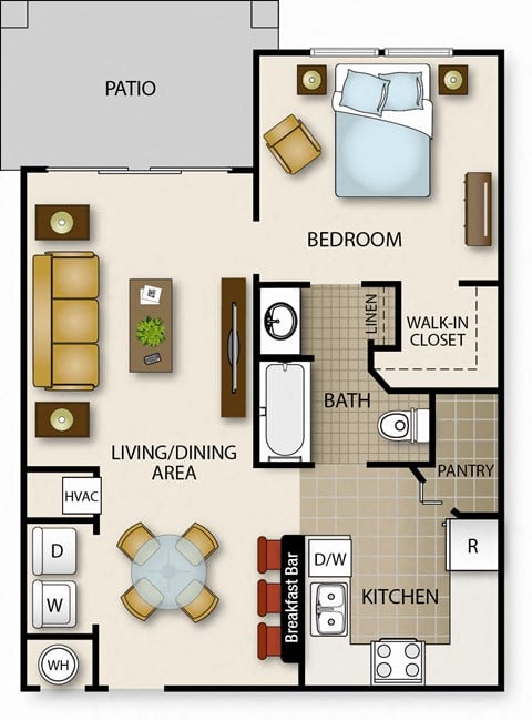 Floor plan for 1 bed, 1 bath, 668 sqft