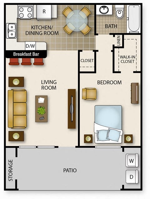 Floor plan for 1 bed, 1 bath, 632 sqft