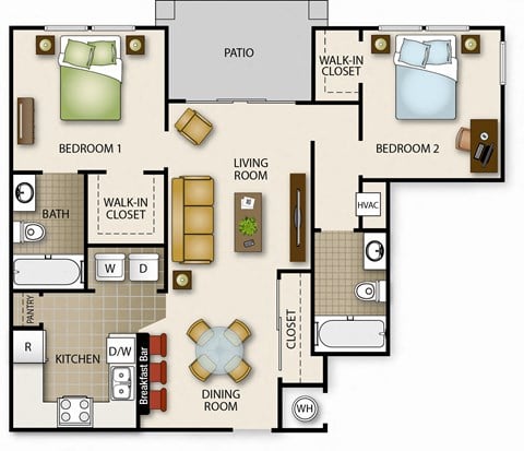 Floor plan for 2 beds, 2 baths, 925 sqft