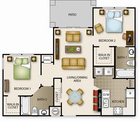 Floor plan for 2 beds, 2 baths, 925 sqft