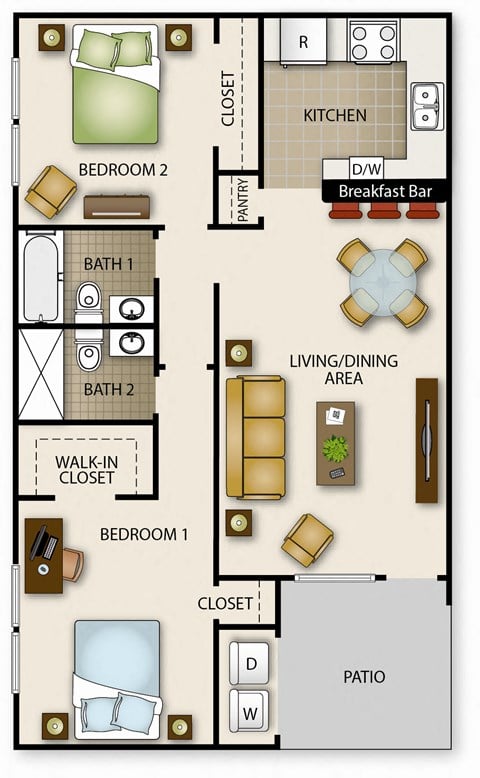 Floor plan for 2 beds, 2 baths, 881 sqft