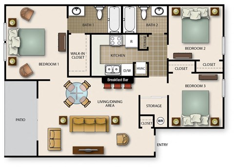 Floor plan for 3 beds, 2 baths, 1060 sqft