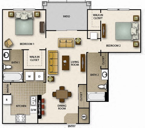 Floor plan for 2 beds, 2 baths, 932 sqft