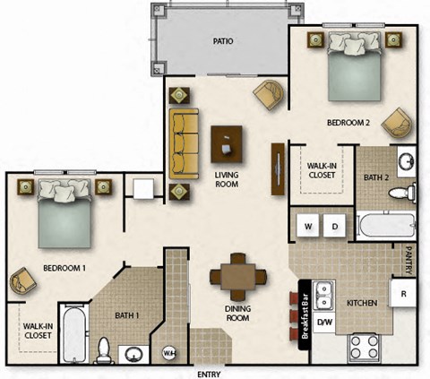 Floor plan for 2 beds, 2 baths, 946 sqft