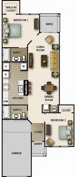 Floor plan for 2 beds, 2 baths, 1009 sqft