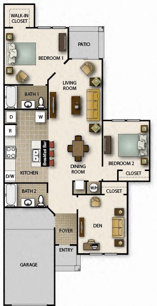 Floor plan for 2 beds, 2 baths, 1249 sqft
