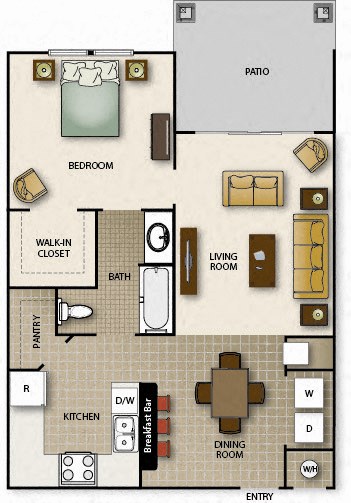 Floor plan for 1 bed, 1 bath, 659 sqft
