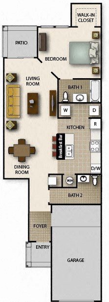 Floor plan for 1 bed, 1 bath, 832 sqft