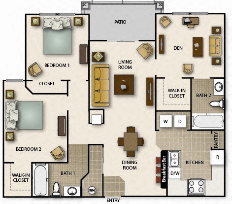 Floor plan for 2 beds, 2 baths, 1102 sqft