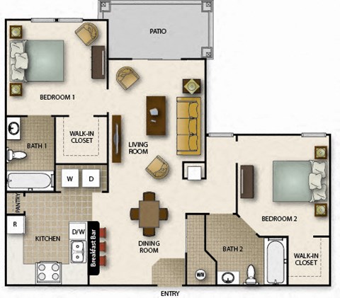 Floor plan for 2 beds, 2 baths, 944 sqft