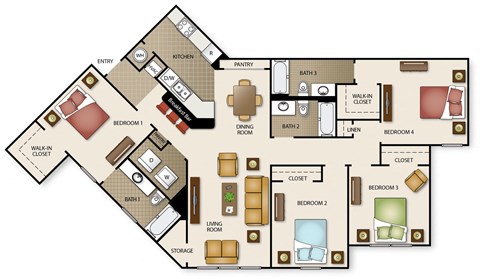Floor plan for 4 beds, 3 baths, 1506 sqft