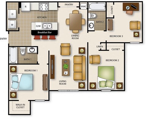 Floor plan for 3 beds, 2 baths, 1046 sqft