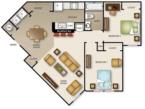 Floor plan for 2 beds, 1 bath, 849 sqft