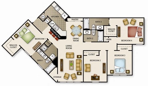 Floor plan for 4 beds, 3 baths, 1506 sqft