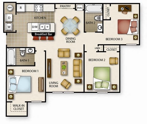 Floor plan for 3 beds, 2 baths, 1046 sqft