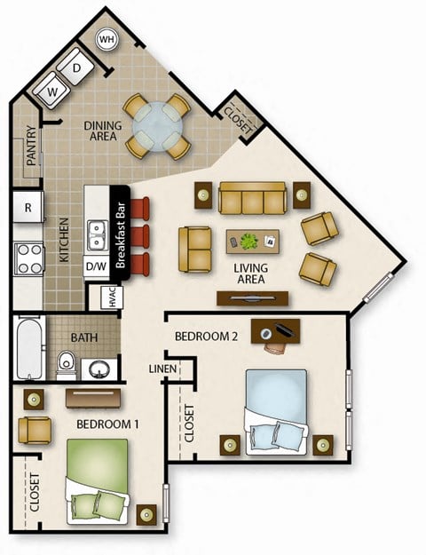 Floor plan for 2 beds, 1 bath, 849 sqft