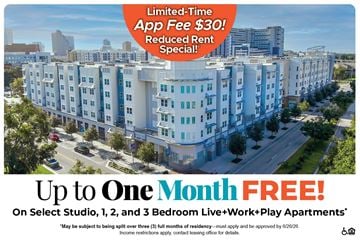 Orlando apartment for rent - A large apartment complex advertises a limited-time app fee of $30 and a reduced rent special.