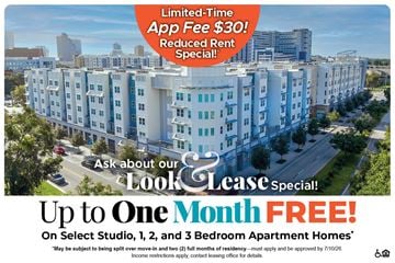 Orlando apartment for rent - A promotional image for a lease special offering up to one month free on select studio, 1, 2, and 3 bedroom apartment homes.