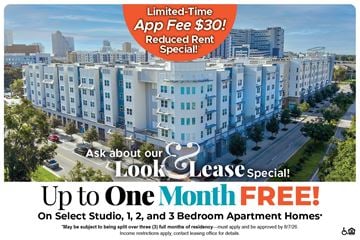 Orlando apartment for rent - A promotional image for a lease special offering up to one month free on select studio, 1, 2, and 3 bedroom apartment homes.