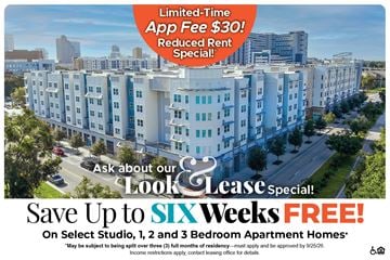 Orlando apartment for rent - A promotional image for a limited-time app fee offer and a free lease special for up to six weeks.