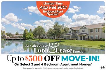 Orlando apartment for rent - A promotional image for a limited-time app fee reduction and move-in special for apartment homes.