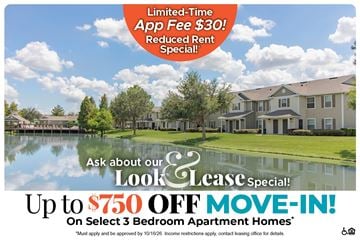 Orlando apartment for rent - A promotional image for a limited-time app fee reduction and a move-in special for apartment homes.