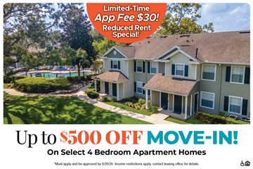 Spring Hill apartment for rent - A promotional image for a limited-time app fee reduction and move-in special for select 4 bedroom apartment homes.