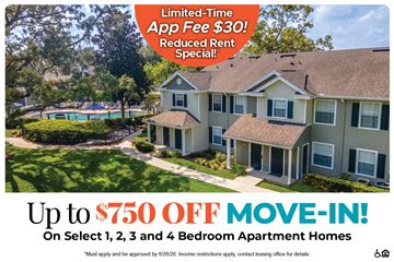 Spring Hill apartment for rent - A promotional image for apartment homes with a limited-time app fee and a move-in special.