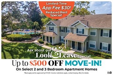 Spring Hill apartment for rent - A promotional image for a lease special offering up to $500 off on select 2 and 3 bedroom apartment homes.
