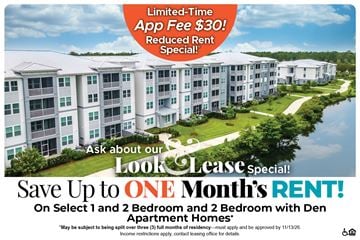 Palm Coast apartment for rent - A promotional image for a lease special offering a limited-time app fee reduction and reduced rent for select apartment homes.